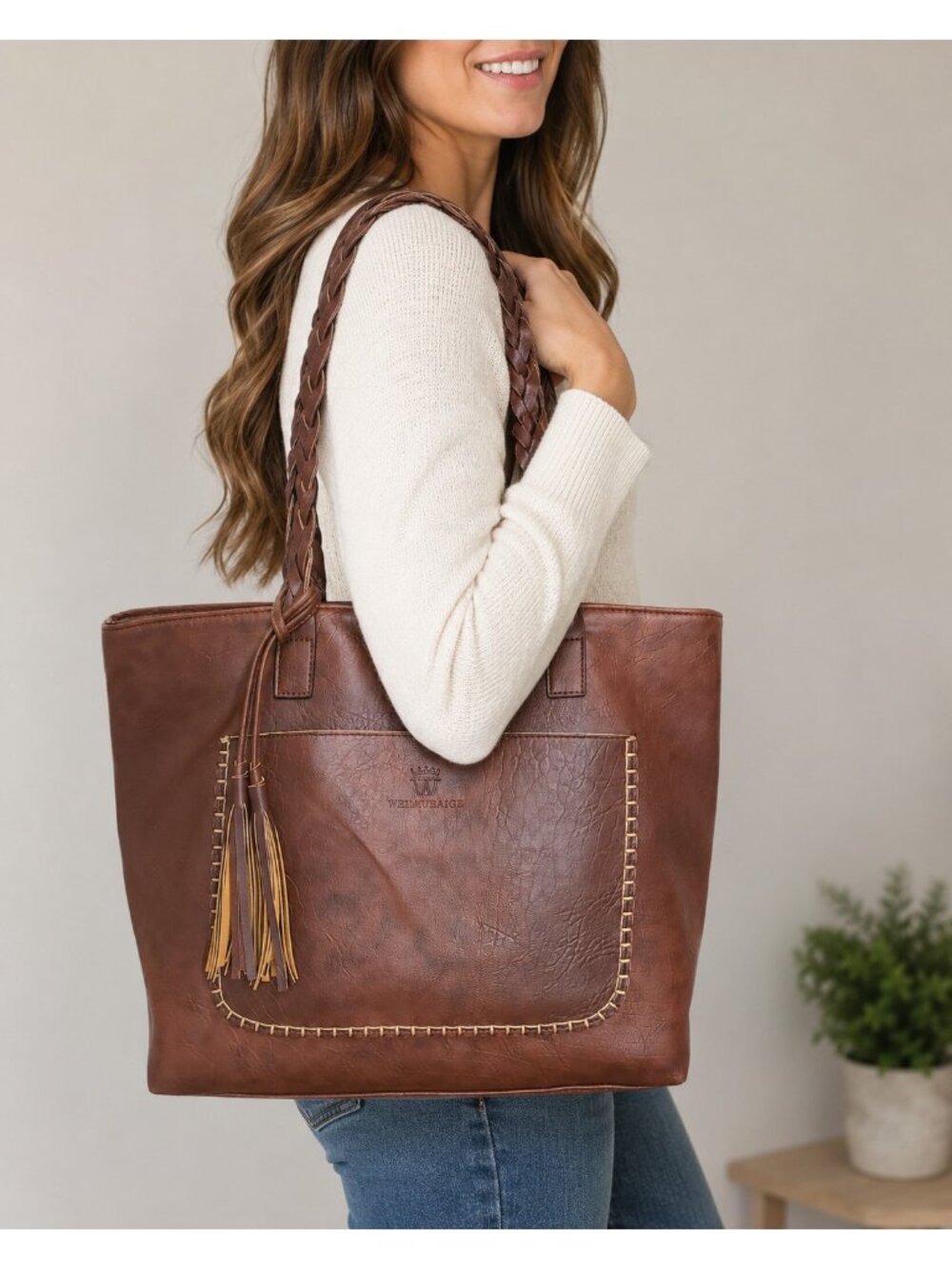 WEIMEIBAIGE Brown Solid Tote Bag Braided Straps Double Handles Inner Pockets